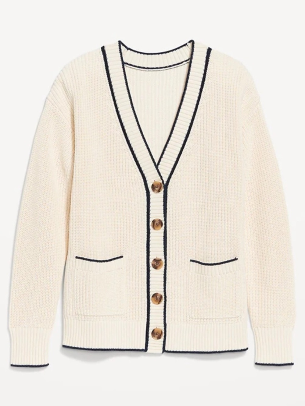 NWOT Old Navy Cream and Navy V-Neck 100% Cotton Varsity Style Cardigan Size S